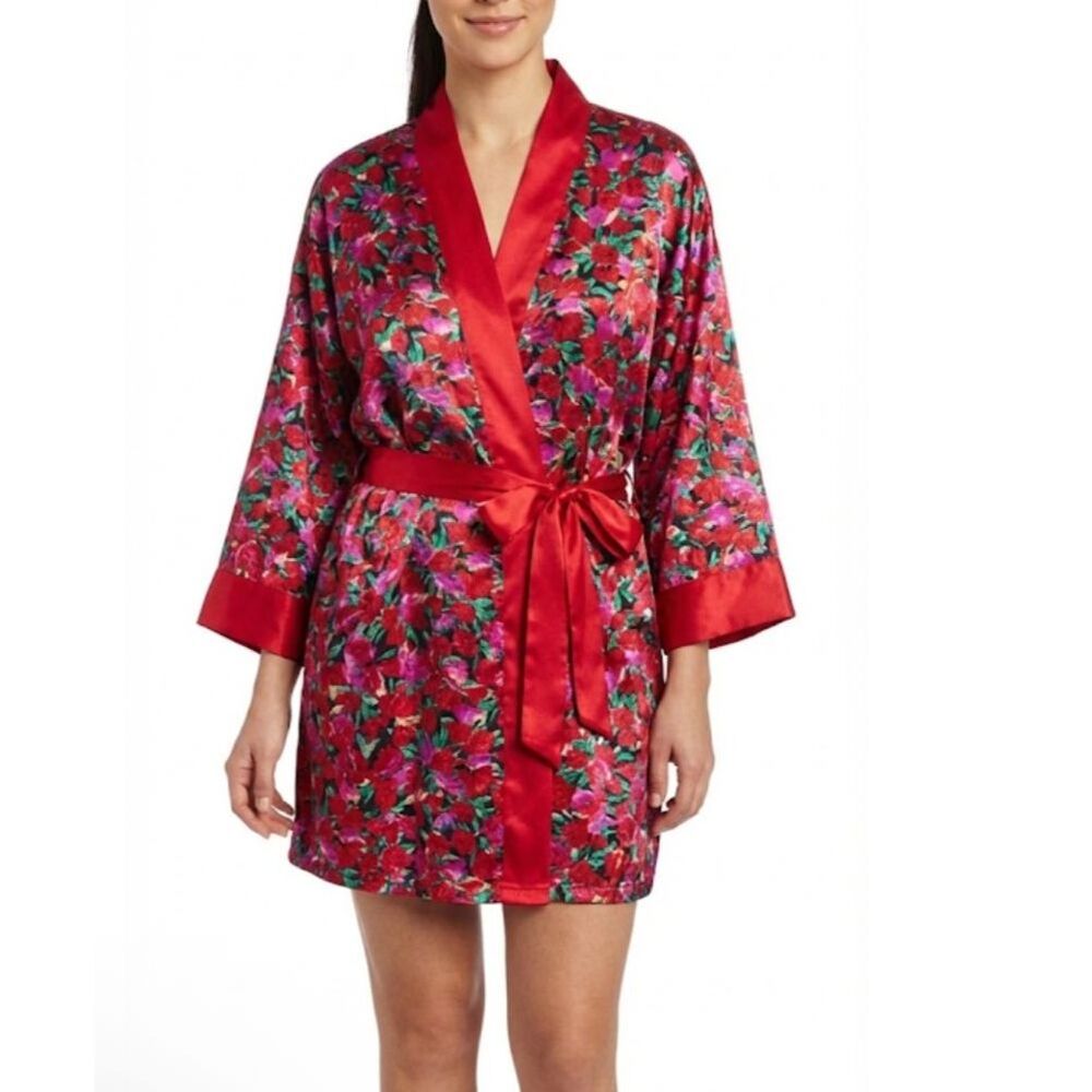 VTG Victoria's Secret Gold Label Red Tulip Satin Short Kimono Robe One Size